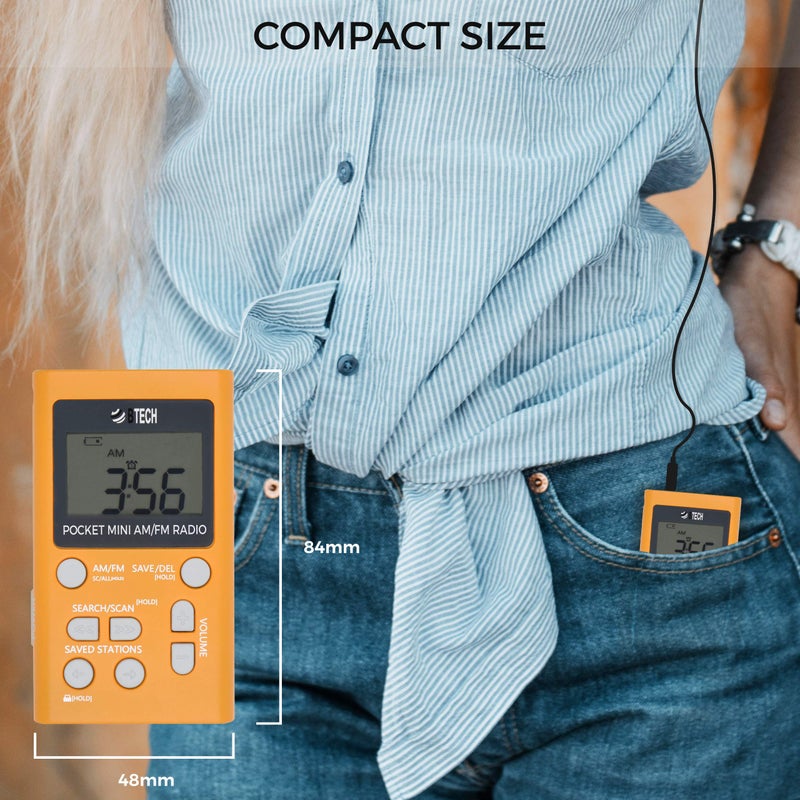 BTECH راديو شخصي BTECH MPR-AF1 AM FM مع نوعين من سماعات الستيريو، ساعة، استقبال ممتاز وعمر بطارية طويل، راديو ووكمان ميني جيب مع سماعات (برتقالي) - Image 2